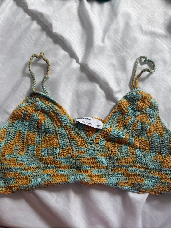 Bershka Tops - Bershka Striped Crochet Crop Top in Teal & Mustard
